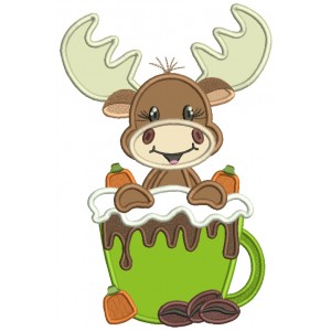 Little Moose Holding a Coffee Cup Fall Thanksgiving Applique Machine Embroidery Design Digitized Pattern