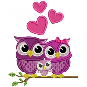 Owl Family Sitting on a Tree Branch With Hearts Applique Machine Embroidery Design Digitized Pattern 