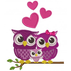 Owl Family Sitting on a Tree Branch With Hearts Filled Machine Embroidery Design Digitized Pattern 