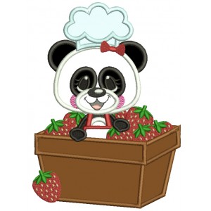 Panda Bear Sitting INside Basket With Strawberries Applique Machine Embroidery Design Digitized Pattern
