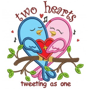 Two Hearts Tweeting As One Without Bee Applique Machine Embroidery Design Digitized Pattern 