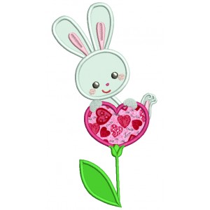 Bunny on a Heart Shaped Flower Applique Machine Embroidery Design Digitized Pattern 