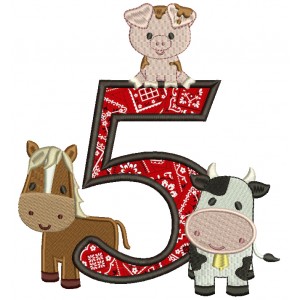Farm Animals Bithday Number Five Applique Machine Embroidery Design Digitized Pattern 