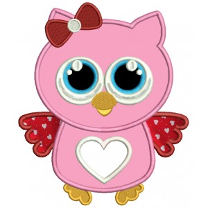 Owl With a Heart and a Big Hair Bow Applique Machine Embroidery Digitized Design Pattern