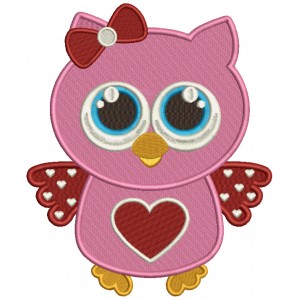 Owl With a Heart and a Big Hair Bow Filled Machine Embroidery Digitized Design Pattern