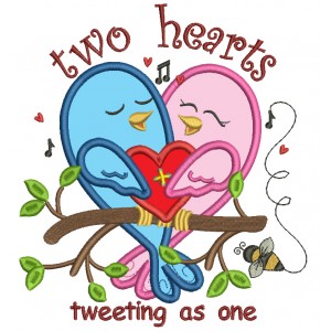 Two Hearts Tweeting As One Applique Machine Embroidery Design Digitized Pattern 