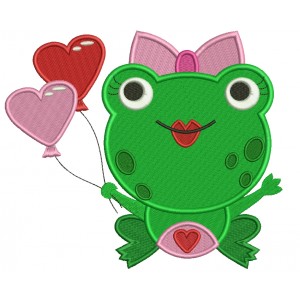 Cute Little Lady Frog With Heart Shaped Balloons Filled Machine Embroidery Digitized Design Pattern