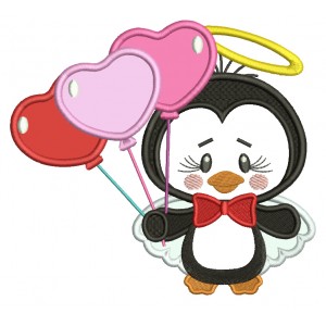 Cute Little Penguin Angel Holding Balloons Applique Machine Embroidery Design Digitized Pattern
