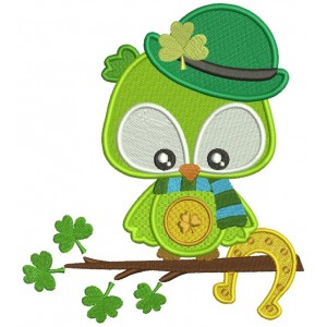 Lucky Owl Holding Horseshoe St. Patrick's Day Filled Machine Embroidery Design Digitized Pattern