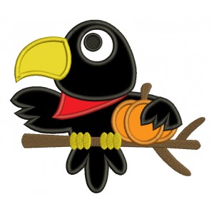 Baby Raven Sitting on a Branch Holding Pumpkin Halloween Applique Machine Embroidery Digitized Design Pattern