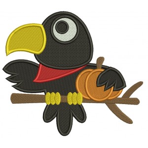Baby Raven Sitting on a Branch Holding Pumpkin Halloween Filled Machine Embroidery Digitized Design Pattern