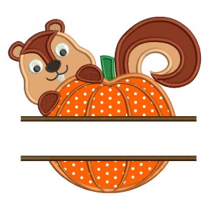 Baby Squirrel Holding a Pumpkin Split Applique Machine Embroidery Digitized Design Pattern