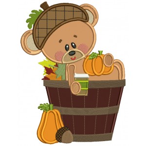 Cute Bear Sitting Inside a Barrel Holding a Pumpkin Fall Applique Machine Embroidery Digitized Design Pattern