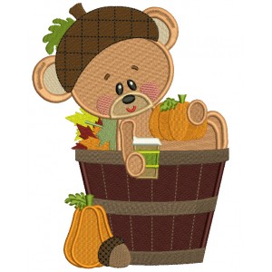 Cute Bear Sitting Inside a Barrel Holding a Pumpkin Fall Filled Machine Embroidery Digitized Design Pattern