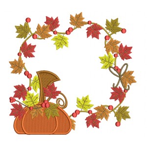 Fall Leaves and Pumpkin Ornament Arangement Filled Machine Embroidery Digitized Design Pattern