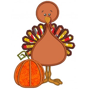 Little Turkey Boy Standing Next to Pumpkin Thanksgiving Applique Machine Embroidery Digitized Design Pattern