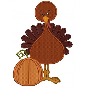 Little Turkey Boy Standing Next to Pumpkin Thanksgiving Filled Machine Embroidery Digitized Design Pattern