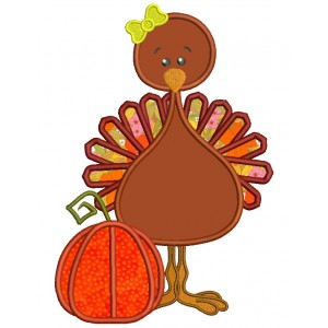 Little Turkey Girl Standing Next to Pumpkin Thanksgiving Applique Machine Embroidery Digitized Design Pattern