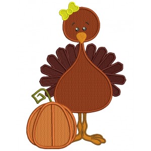 Little Turkey Girl Standing Next to Pumpkin Thanksgiving Filled Machine Embroidery Digitized Design Pattern