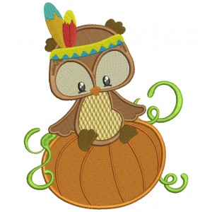 Owl That Looks Like Indian Sitting on a Pumpkin Thanksgiving Filled Machine Embroidery Digitized Design Pattern