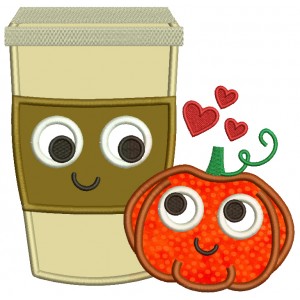 Pumpkin and Coffee Cup Applique Machine Embroidery Digitized Design Pattern