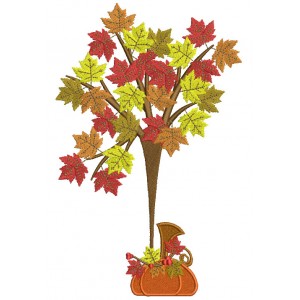 Pumpkin and a Tree Fall Filled Machine Embroidery Digitized Design Pattern