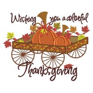 Wagon With Pumpkins and Leaves Wishing You a Colorful Thanksgiving Filled Machine Embroidery Digitized Design Pattern