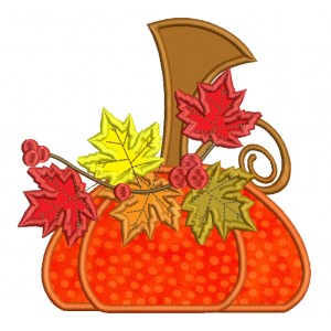 Whimsical Pumpkin With Leaves Fall Thanksgiving Applique Machine Embroidery Digitized Design Pattern