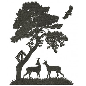 Buck and a Doe Under a Big Tree Hunting Filled Machine Embroidery Digitized Design Pattern
