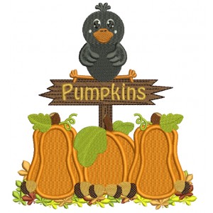 Little Crow in a Pumpkin Patch Filled Machine Embroidery Digitized Design Pattern