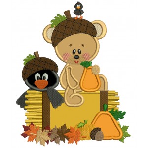 Baby Bear With a Little Crow Fall Applique Machine Embroidery Design Digitized Pattern