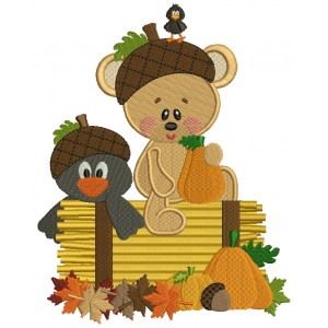 Baby Bear With a Little Crow Fall Filled Machine Embroidery Design Digitized Pattern