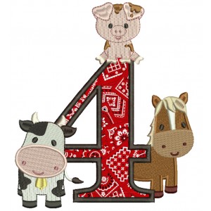 Farm Animals Bithday Number Four Applique Machine Embroidery Design Digitized Pattern