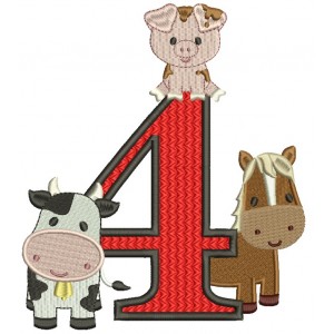 Farm Animals Bithday Number Four Filled Machine Embroidery Design Digitized Pattern