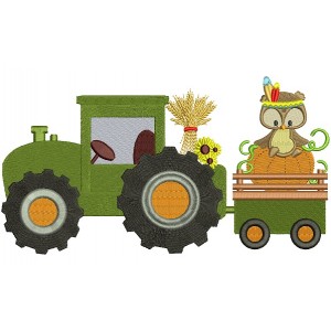 Tractor With Cute Owl and Big Pumpkin Filled Machine Embroidery Digitized Design Pattern