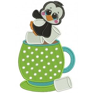 Cute Baby Penguin Sitting Inside Cup With Marshmallows Christmas Filled Machine Embroidery Design Digitized Pattern
