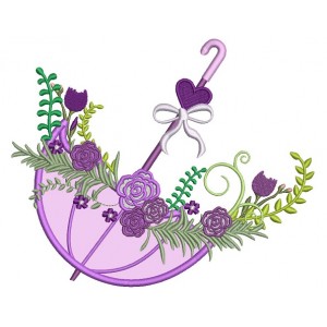 Beautiful Ornate Umbrella With Flowers and Heart Applique Machine Embroidery Digitized Design Pattern 