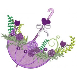 Beautiful Ornate Umbrella With Flowers and Heart Filled Machine Embroidery Digitized Design Pattern