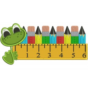 Cute Frog With a Big Ruler and Pencils School Applique Machine Embroidery Digitized Design Pattern 