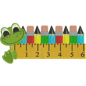 Cute Frog With a Big Ruler and Pencils School Filled Machine Embroidery Digitized Design Pattern 