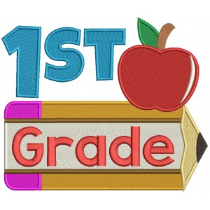 First Grade Apple and Pencil School Filled Machine Embroidery Digitized Design Pattern 