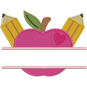 Two Pencils and an Apple School Filled Machine Embroidery Digitized Design Pattern 