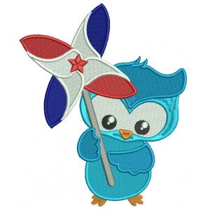 4th of July Owl Holding a Pinwheel Filled Machine Embroidery Design Digitized Pattern