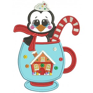 Cute Little Penguin Sitting Inside Cup Christmas Applique Machine Embroidery Design Digitized Pattern