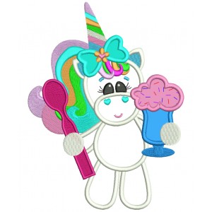 Little Unicorn Eating Ice cream Applique Machine Embroidery Design Digitized Pattern