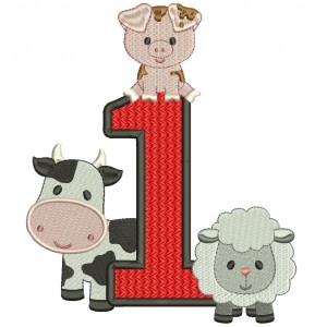 Farm Animals Birthday Number One Filled Machine Embroidery Design Digitized Pattern
