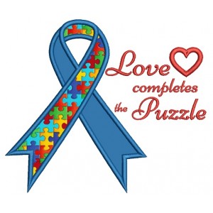 Love Completes The Puzzle Autism Awareness Ribbon Applique Machine Embroidery Design Digitized Pattern