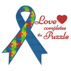 Love Completes The Puzzle Autism Awareness Ribbon Filled Machine Embroidery Design Digitized Pattern