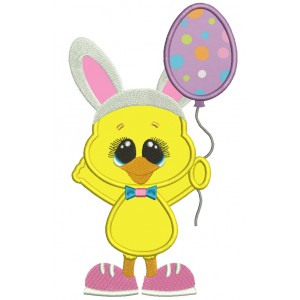 Chick Wearing Bunny Ears Holding Cute Balloon Easter Applique Machine Embroidery Design Digitized Pattern