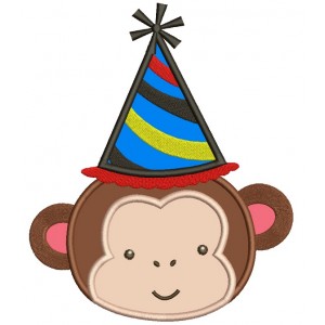 Monkey Wearing a Party Hat Birthday Applique Machine Embroidery Design Digitized Pattern